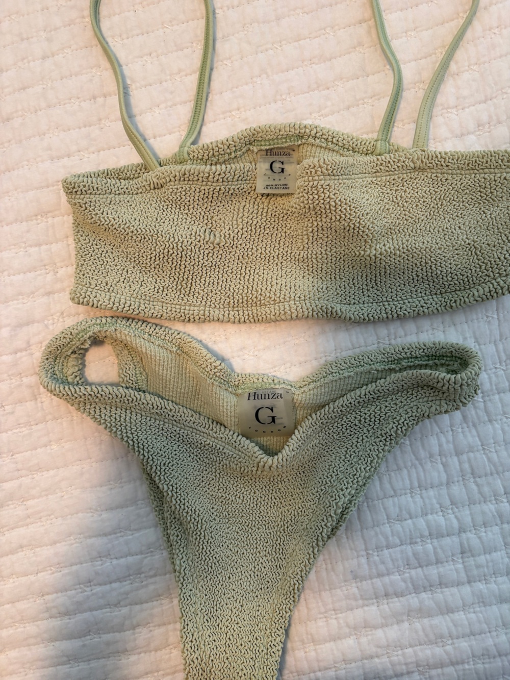 Hunza G Sage Green Knit Bandeau Bikini Top and Brief Set
